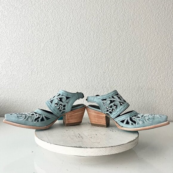 Lane Robin Mule Blue Cowboy Boots Womens 7 Cowgirl Western Leather Short Ankle - Picture 7 of 11